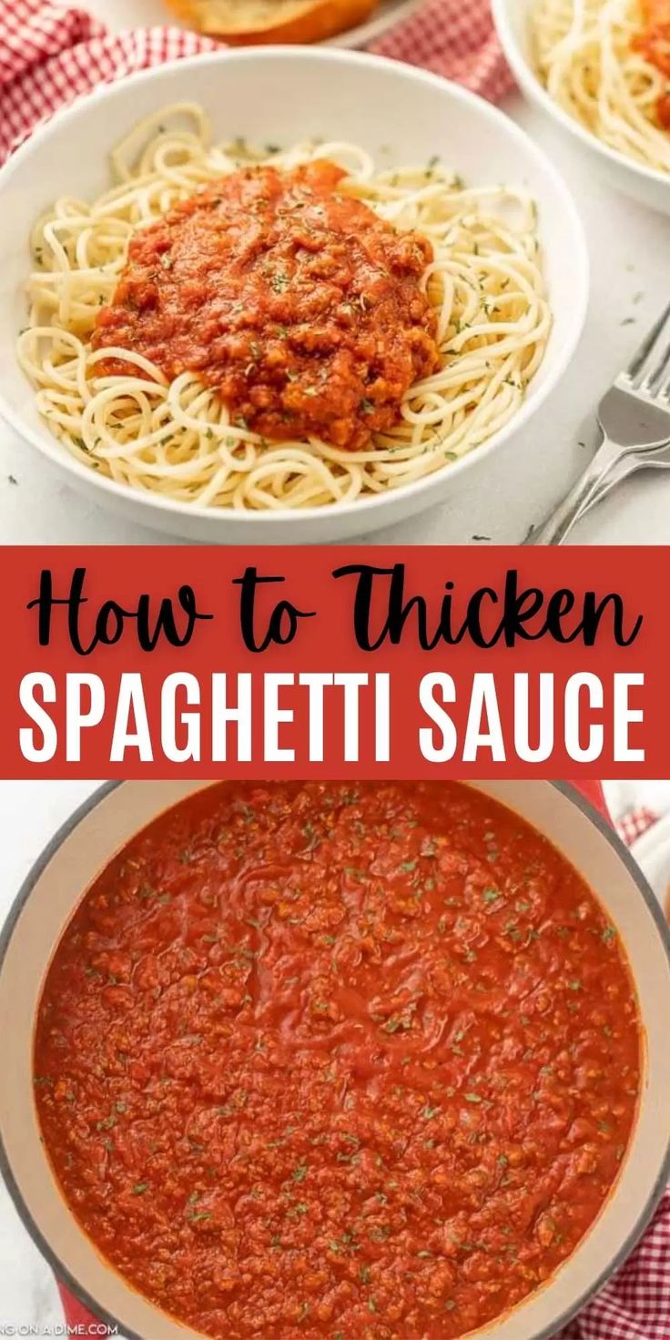 spaghetti sauce in a white bowl on a red and white checkered tablecloth with text overlay