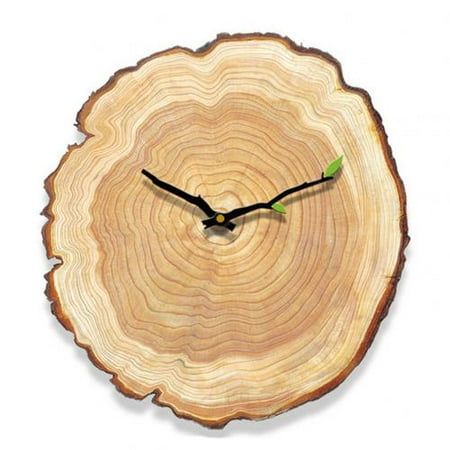 a clock made out of wood with green hands