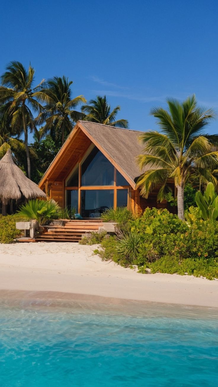 a house on the beach surrounded by palm trees