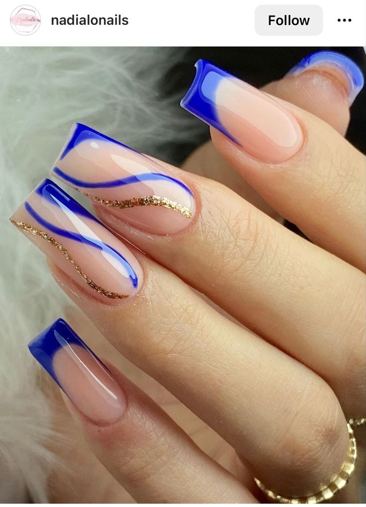 Blue And Gold Prom Nails, Royal Blue Nails Designs Square, Blue Gel Nails Designs, Natural Blue Nails, Royal Blue Nails Prom, Blue Nails Design Ideas, Nails Azul, Blue And Gold Nails, Blue Gold Nails