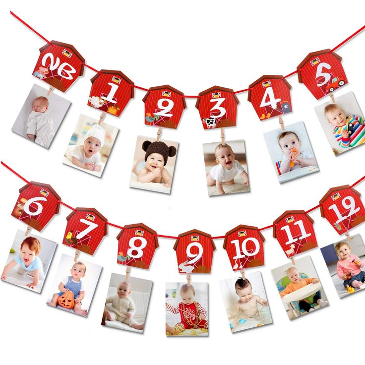 a red and white banner with pictures of babies hanging from it's sides