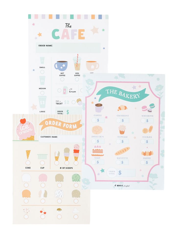 Pretend Play Notepads: Cafe Treats Pretend Play Magic Playbook Dramatic Play Cafe, Cafe Treats, Play Cafe, Kids Restaurants, Restaurant Order, Kids Cafe, Ice Cream Cupcakes, Cafe Bakery, Kids Printables