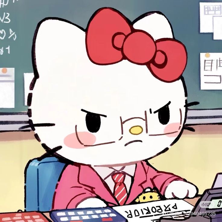 a hello kitty cartoon sitting at a desk with a calculator