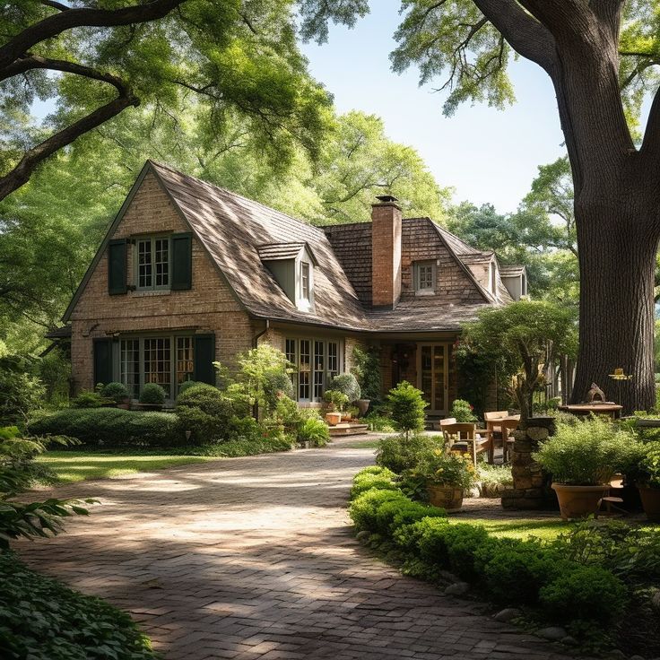 a large house surrounded by lush green trees and shrubbery in front of it, with a brick walkway leading to the front door