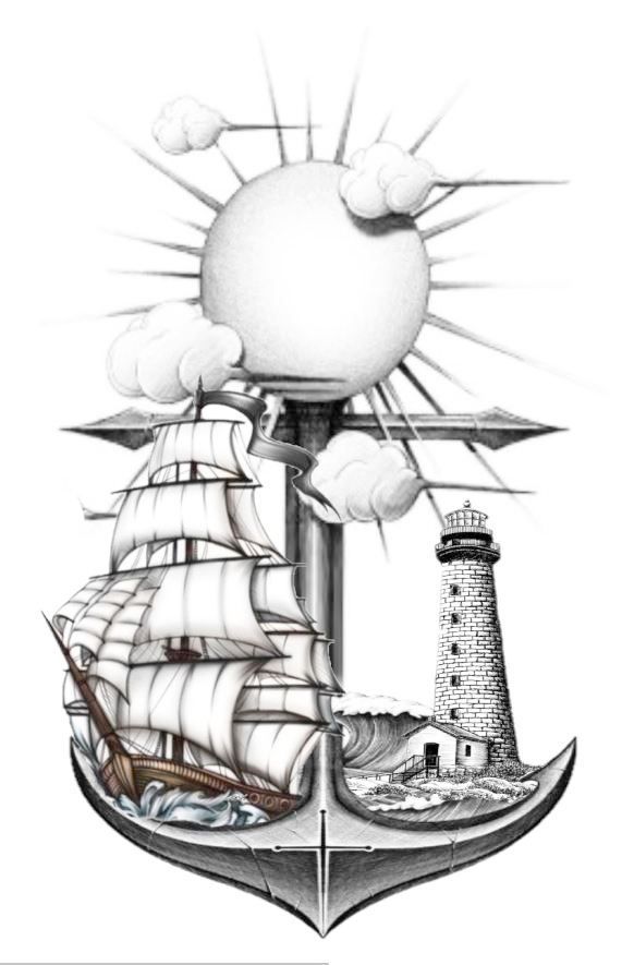 a drawing of a ship with a lighthouse in the background and sun rising over it