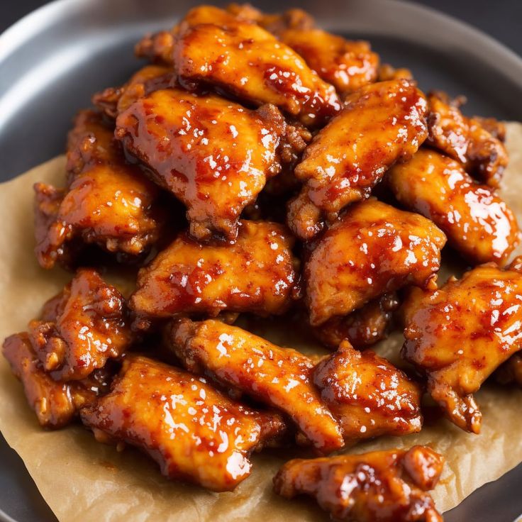 chicken wings are piled on top of wax paper in a frying pan, ready to be eaten