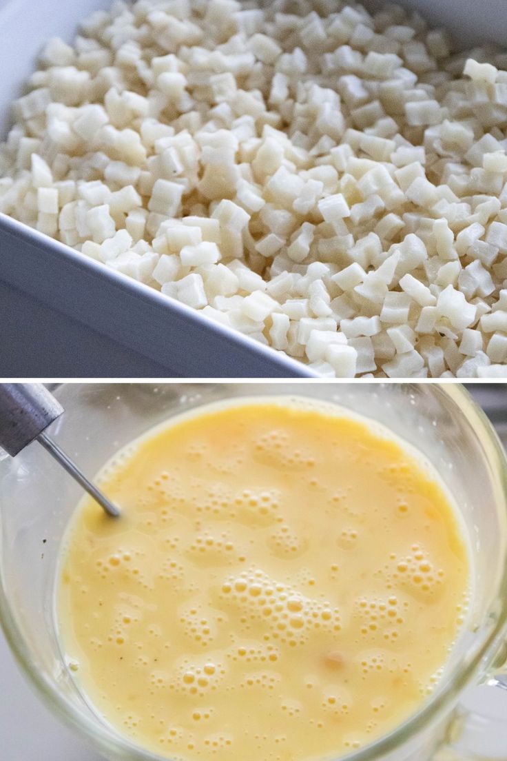 two pictures showing how to make rice in a blender and then the process is finished