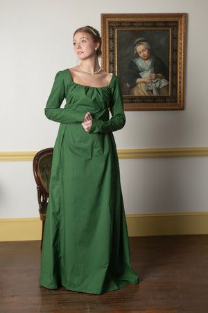 Emerald Green Long Sleeve | Regency Gown - Samson Historical Luxury Regency Style Evening Dress, Hurrem Sultan Dresses Green, 1800 Green Dress, Luxury Victorian Regency Dress For Medieval Festivals, Luxury Regency Style Gown For Costumes, Luxury Long Sleeve Historical Dress, Luxury Regency Style Gown For Costume Events, Luxury Regency Style Gown For Costume Party, Regency Day Dress Green