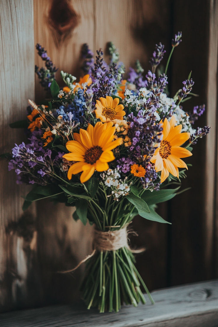 a bouquet of wildflowers and lavender in a vase