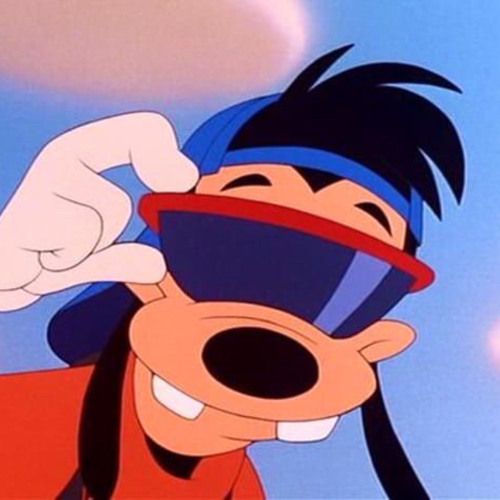 goofy looking through his goggles in front of the sky