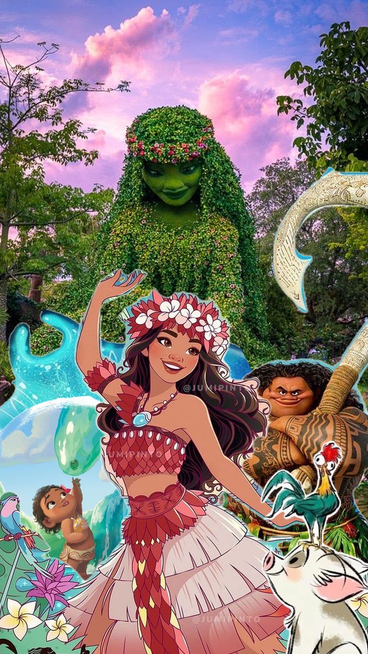 a woman in a hula skirt surrounded by animals and plants