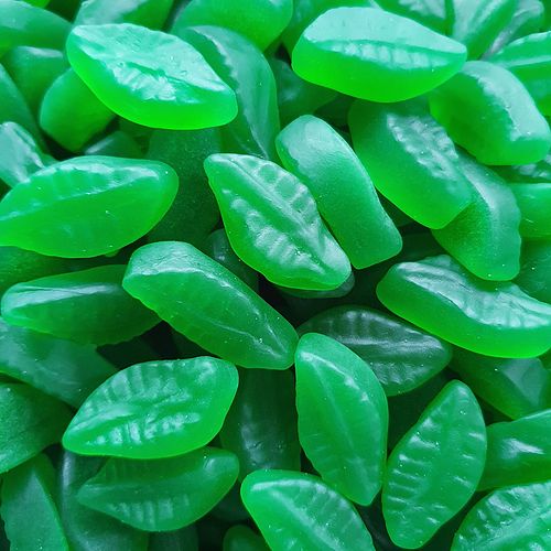 green leaves are shown in this close up photo, as if they were candy or gummy