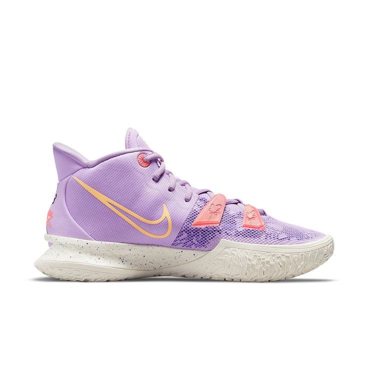 The Nike Kyrie 7 Daughters7 is the perfect shoe for your little girl. Made with a lightweight, breathable mesh upper, this shoe features a tonal floral print and embossed floral graphic for a touch of style. The TPU fins provide a lockdown fit, while thePhylon midsole offers lightweight cushioning. The Air Zoom Turbo unit in the forefoot provides an extra boost of power. Nike Lace-up Basketball Shoes With Rubber Sole, Nike Basketball Shoes For Light Sports With Rubber Sole, Nike Pink Basketball Shoes With Translucent Outsole, Purple Running Shoes With Rubber Sole For Light Sports, Running Shoes With Translucent Outsole, Breathable High-top Running Shoes With Medium Fit, Nike Low-top Sneakers With Removable Insole, Nike Synthetic Running Shoes With Rubber Sole, Nike Running Shoes With Rubber Sole And Synthetic Material