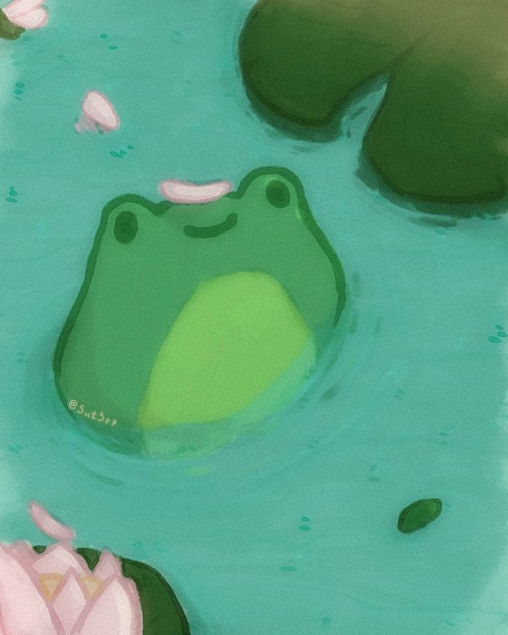 a painting of a frog swimming in the water next to a pink flower and lily pad