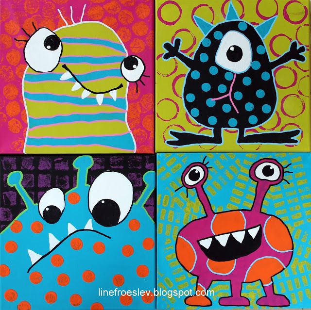 four colorful paintings of monsters with big eyes