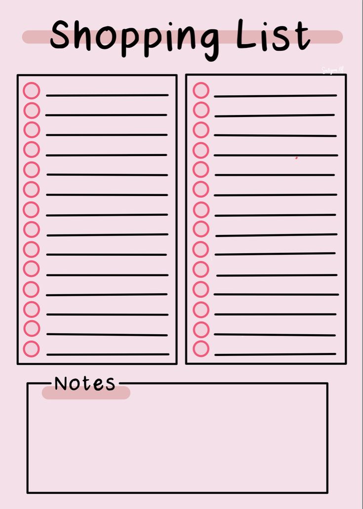 a pink shopping list with circles and lines on the bottom, in black ink that reads'shopping list notes '