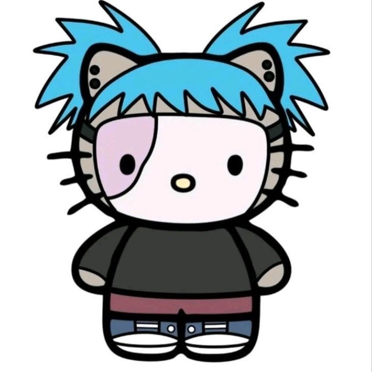 a cartoon character with blue hair and black shirt