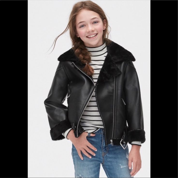 Gap Kids Faux Fur Biker Jacket Gap Black Winter Outerwear, Black Gap Outerwear For Spring, Gap Black Spring Outerwear, Spring Black Outerwear By Gap, Trendy Gap Winter Outerwear, Gap Casual Black Outerwear, Casual Black Gap Outerwear, Fall Hooded Jacket, Kids Leather Jackets