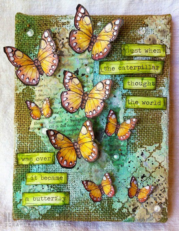 an altered photo with butterflies and words on it