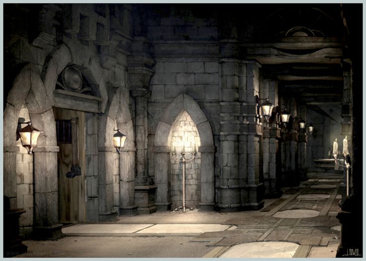 an image of a hallway in a fantasy setting with lights on the walls and floor