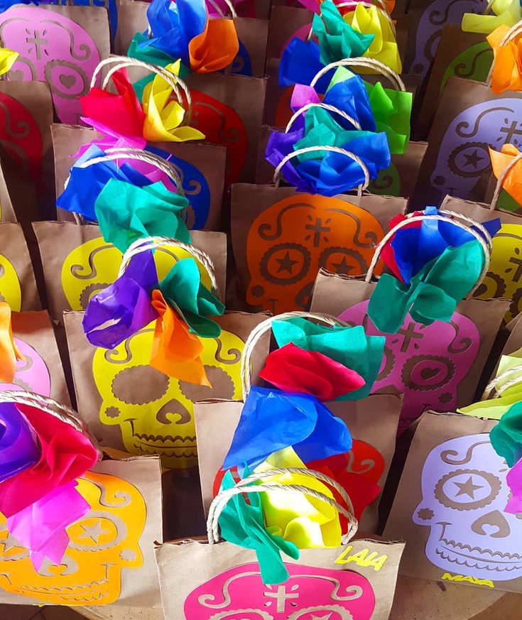 colorful paper bags with skulls on them