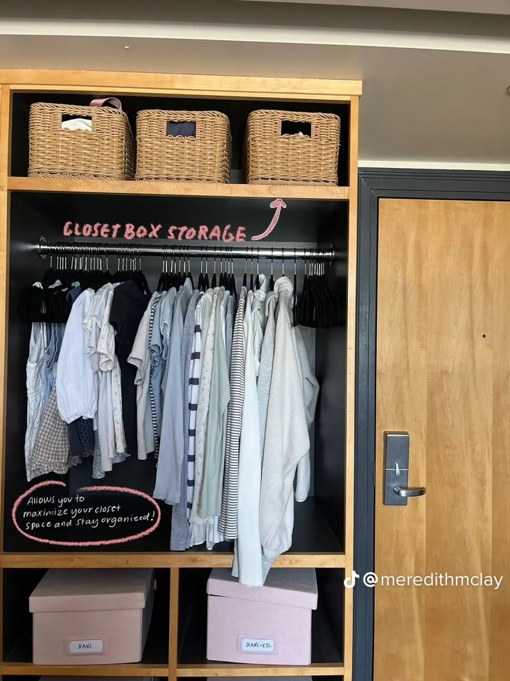 an organized closet with clothes and baskets