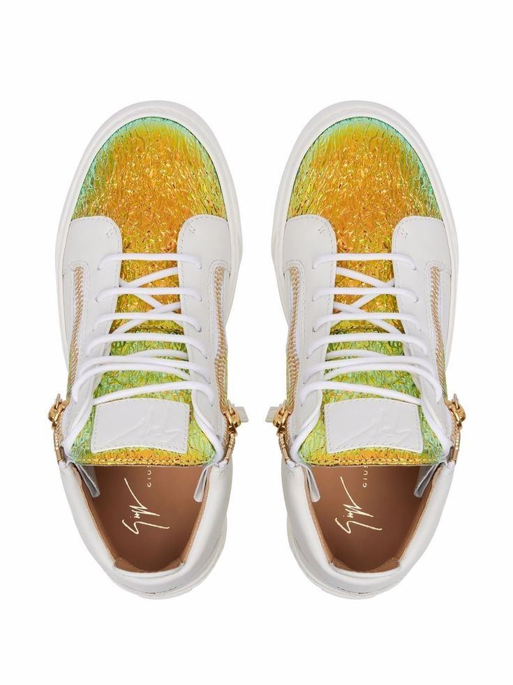 Gold/white/green leather blend Kriss-high-top trainers from Giuseppe Zanotti featuring front lace-up fastening, zip detail, metallic finish and flat rubber sole. | Giuseppe Zanotti Kriss-high-top sneakers Green Leather, Hoka Running Shoes, Sneakers White, Giuseppe Zanotti, Lace Front, High Tops, High Top Sneakers, White Gold, Lace Up