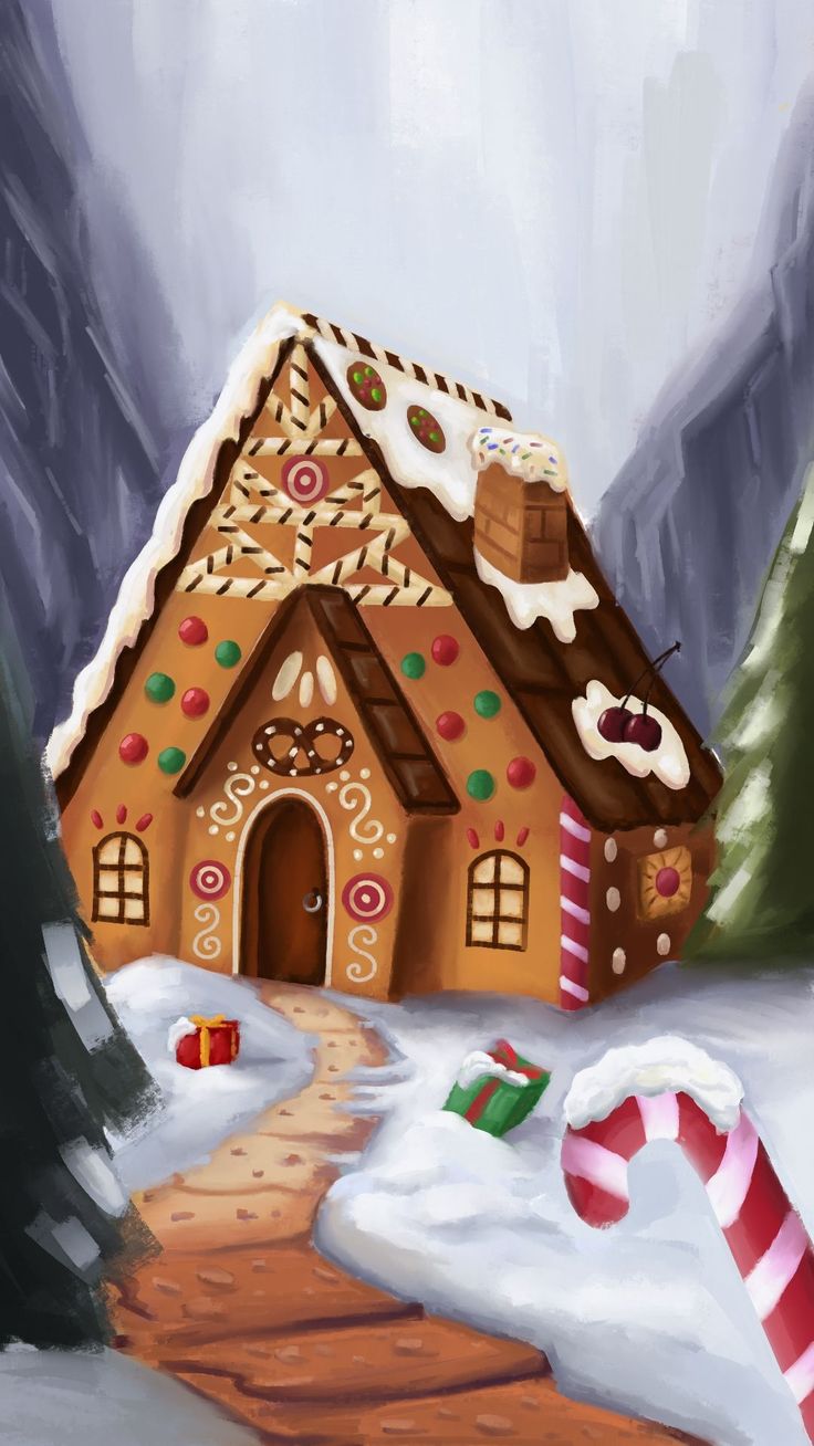 a painting of a gingerbread house with candy canes