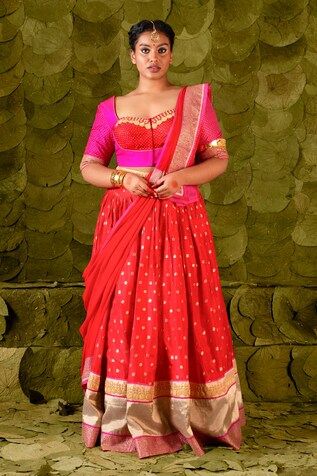 Crimson red lehenga with gold zari beaten hand embroidery. Paired with a pink embroidered blouse and fan pleat trimmed embroidered dupatta. - Aza Fashions Party Lehenga With Zari Weaving In Traditional Drape, Party Lehenga With Zari Weaving And Traditional Drape, Zari Weaving Choli For Reception, Party Sharara With Zari Weaving For Festivals, Festive Sharara With Zari Weaving For Party, Festive Party Sharara With Zari Weaving, Navratri Party Choli With Zari Weaving, Traditional Party Lehenga With Zari Weaving, Navratri Party Sets With Zari Weaving