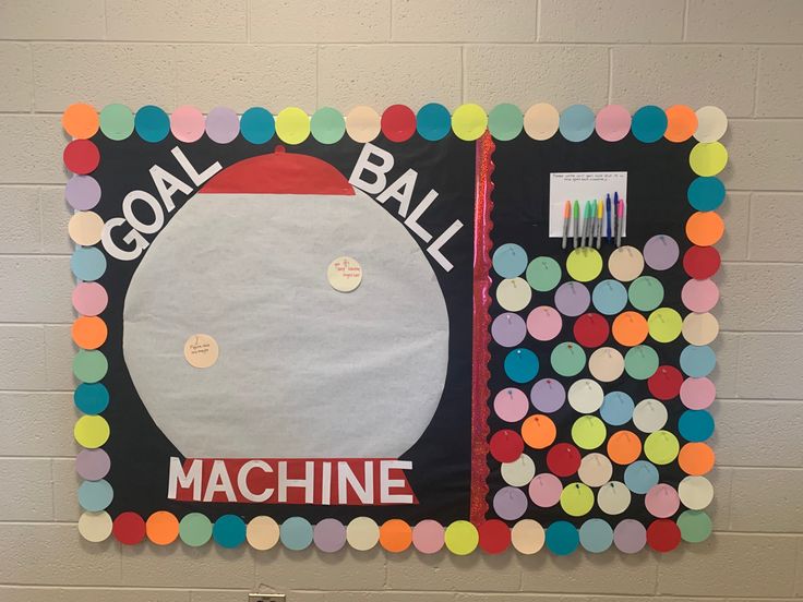 a bulletin board with balls on it and the words goal ball machine written in white