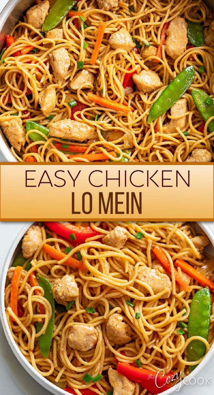 chicken Lo Mein with a mix of vegetables and chunks of chicken Easy Chicken Stir Fry With Noodles, Chicken Lo Mein Recipe Easy, Low Mein Recipe, Savory Noodles, Take Out Restaurant, Chicken Lo Mein Recipe, Chinese Meals, Lo Mein Recipe, Cozy Cook