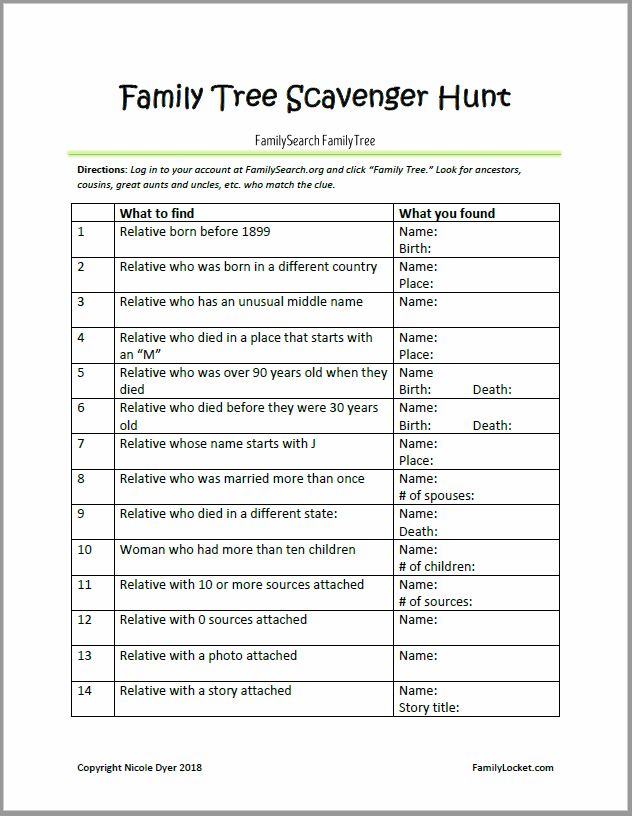 the family tree scavenger hunt is shown in this printable worksheet