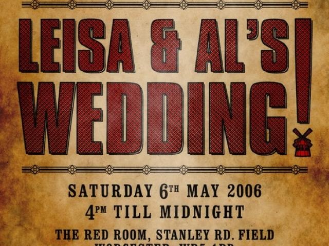 an old poster for a wedding with the words leisa and al's wedding on it