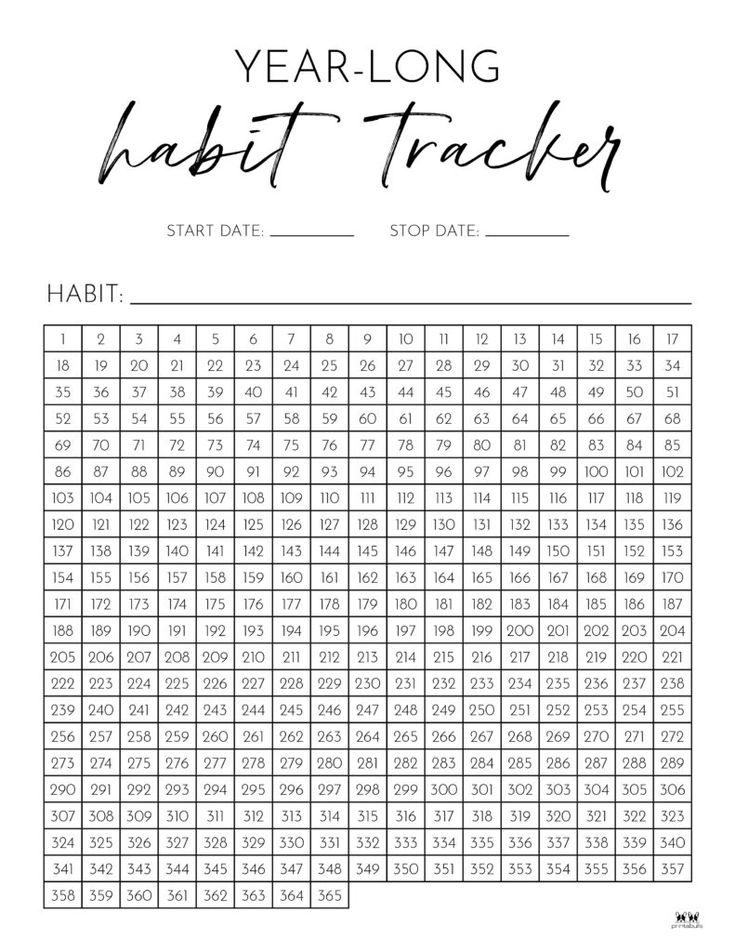 the year long habit tracker is shown in black and white, with numbers on it