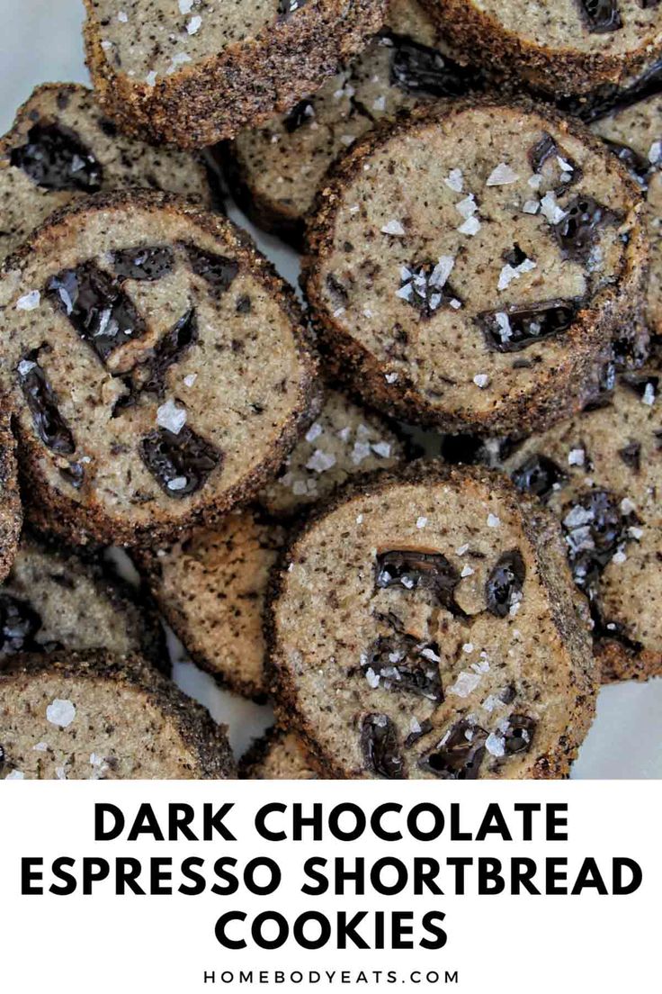 dark chocolate espresso shortbread cookies on a white plate with text overlay