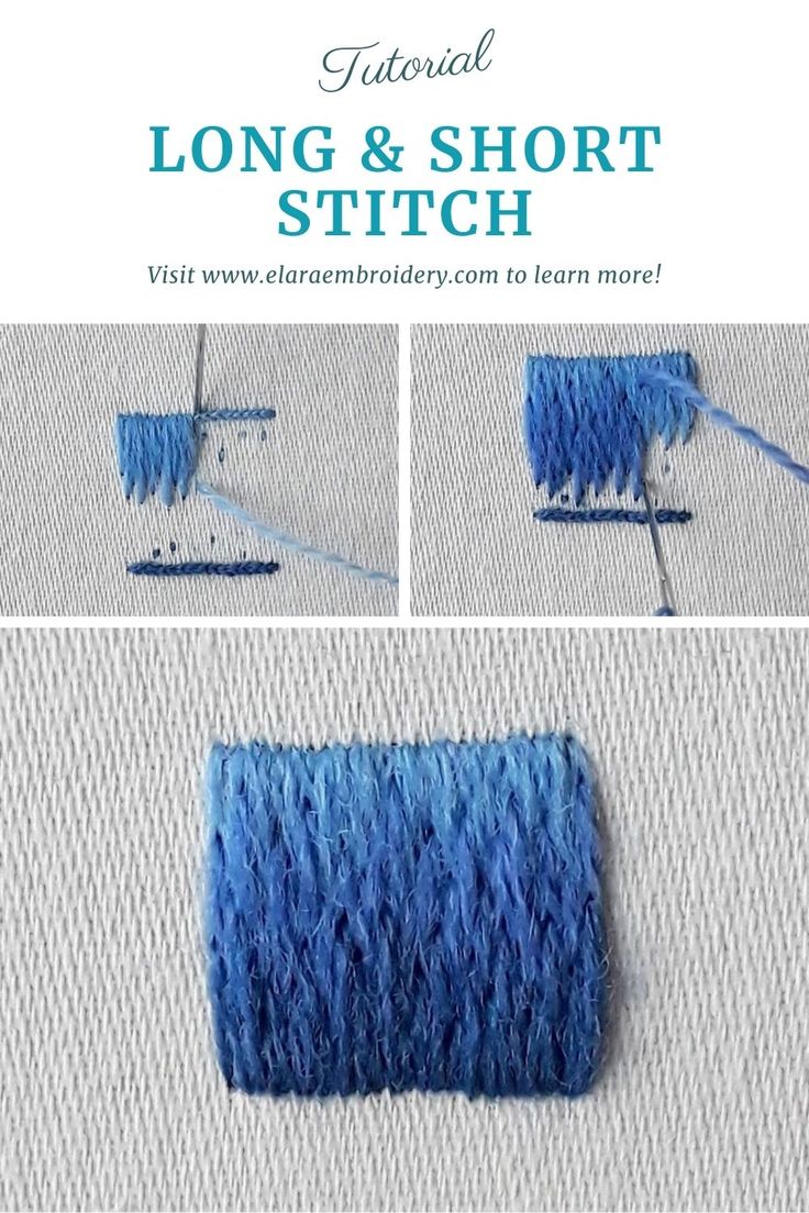 the instructions for how to make a long and short stitch with blue yarn on it