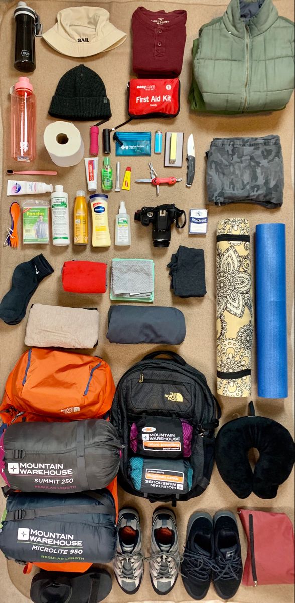 the contents of a travel bag laid out on top of a wooden table next to other items