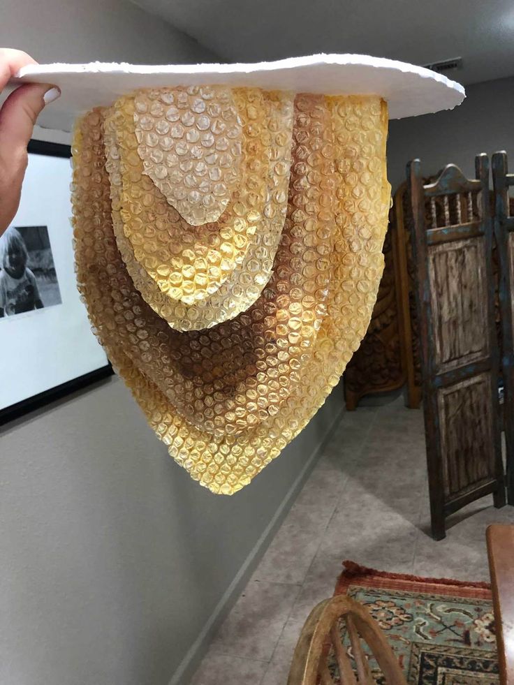 a person holding up a piece of honeycomb hanging from the ceiling