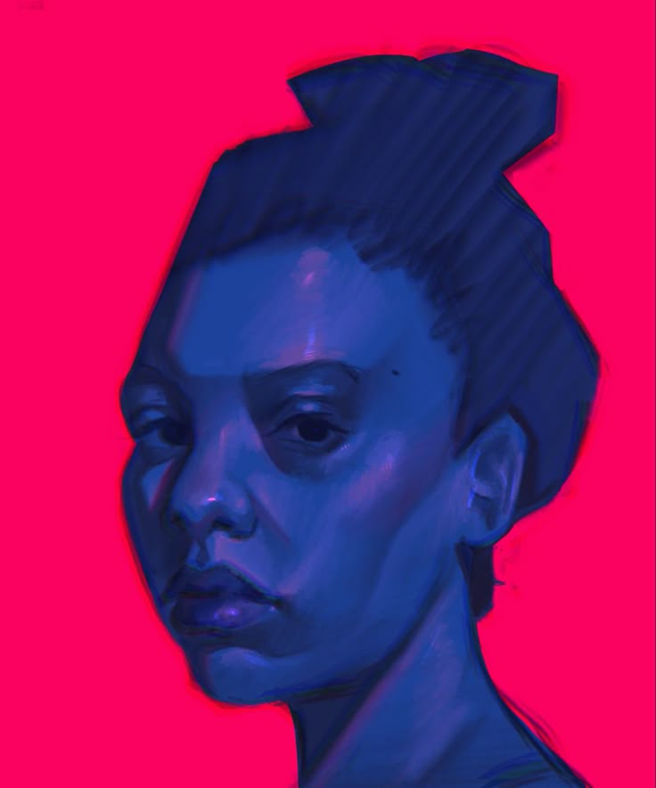 a digital painting of a woman's face in blue and pink with the image of a bird on her head