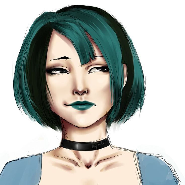 a drawing of a woman with green hair and black choker around her neck, looking at the camera