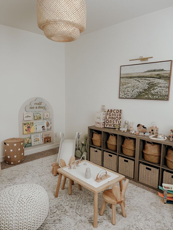 a child's playroom with toys and baskets