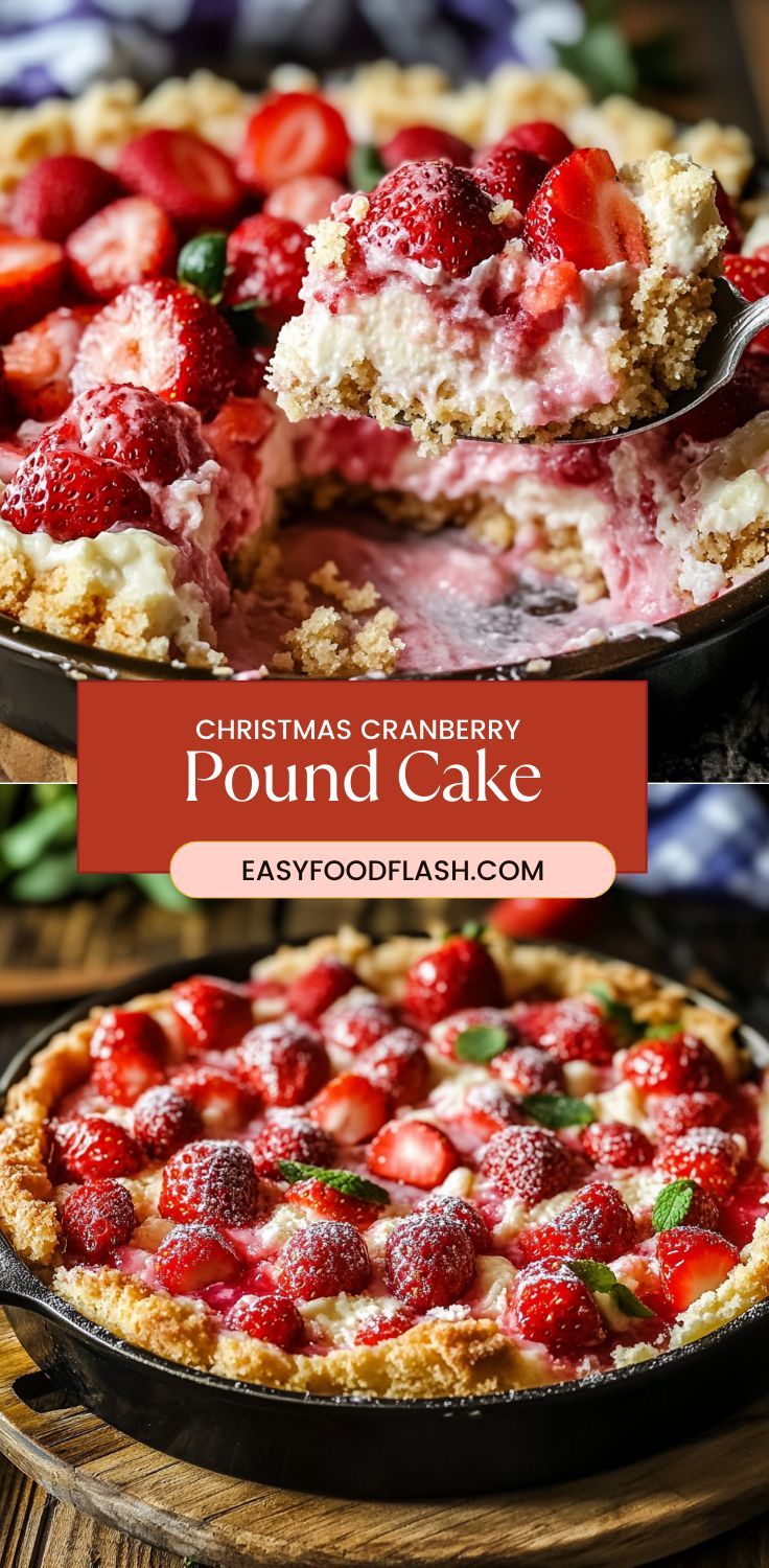 a close up of a pie with strawberries on it and the text overlay reads christmas cranberry pound cake