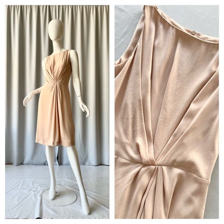 "Elegant and minimalist neutral dress by Tara Jarmon. high waisted with slight A-line silhouette. Material resembles a silk but it is in fact a poly blend; 80% triacetate 20% polylethane  Marked size 38 fits S/M  Chest 32\" Waist 29\" Hip 19\" Length 40\" Nice condition; shows little to no signs of wear" Elegant Neutral A-line Midi Dress, Beige A-line Sleeveless Dress For Evening, Sleeveless Solid Bias-cut Dress, Sleeveless Solid Bias Cut Dress, Solid Sleeveless Bias Cut Dress, Sleeveless Solid Dress With Bias Cut, Sleeveless Solid Color Bias Cut Dress, Formal Solid Color Summer Slip Dress, Chic A-line Cocktail Slip Dress