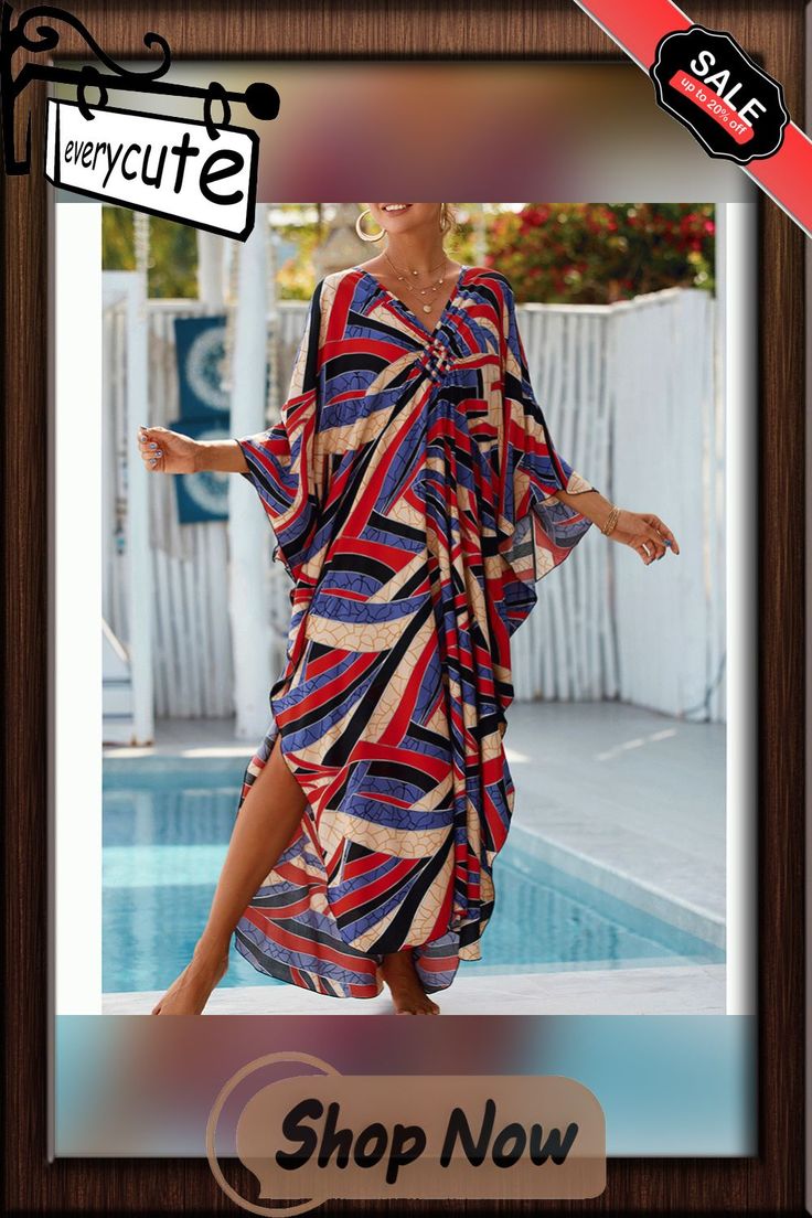 Black Red Print Long Kinimo Beachwear Red Beach Dress For Summer Beach Party, Red V-neck Beach Dress For Vacation, Red Cover-up Beachwear For Summer, Casual Red Beach Cover-up, Casual Red Cover-up For Beach Season, Casual Cover-up For Beach Party Free Size, Casual Beach Party Cover-up Free Size, Red Summer Cover-up For Vacation, Red V-neck Cover-up For Vacation