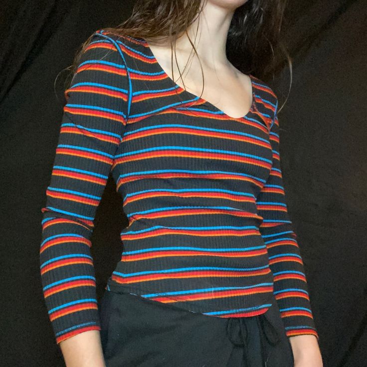 Red Orange And Blue Stripes Vertical Seem Down Middle Of Shirt Flattering Neck Line Never Worn Casual Multicolor Stretch Shirt, Casual Stretch Multicolor Shirt, Retro Black Shirt For Fall, Retro Striped V-neck Top, Retro Black Long Sleeve Tops, Retro Black Long Sleeve Shirt, Retro Stretch V-neck Top, 80's Clothes, Bts Clothes