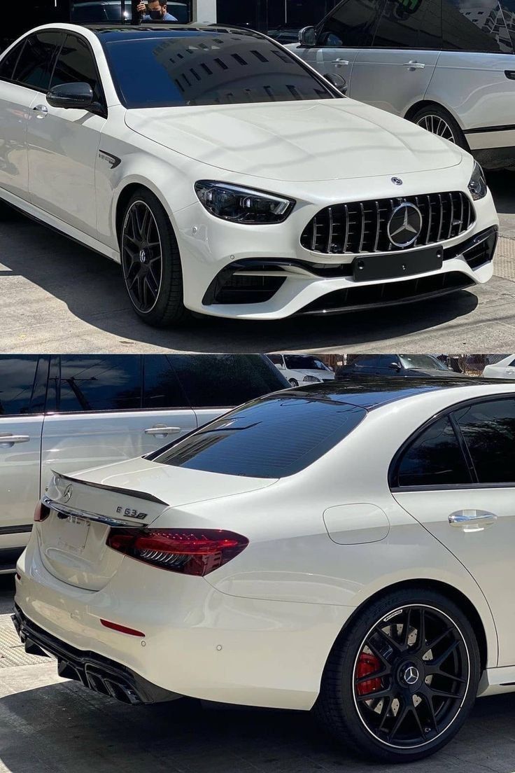 two white cars parked next to each other in a parking lot