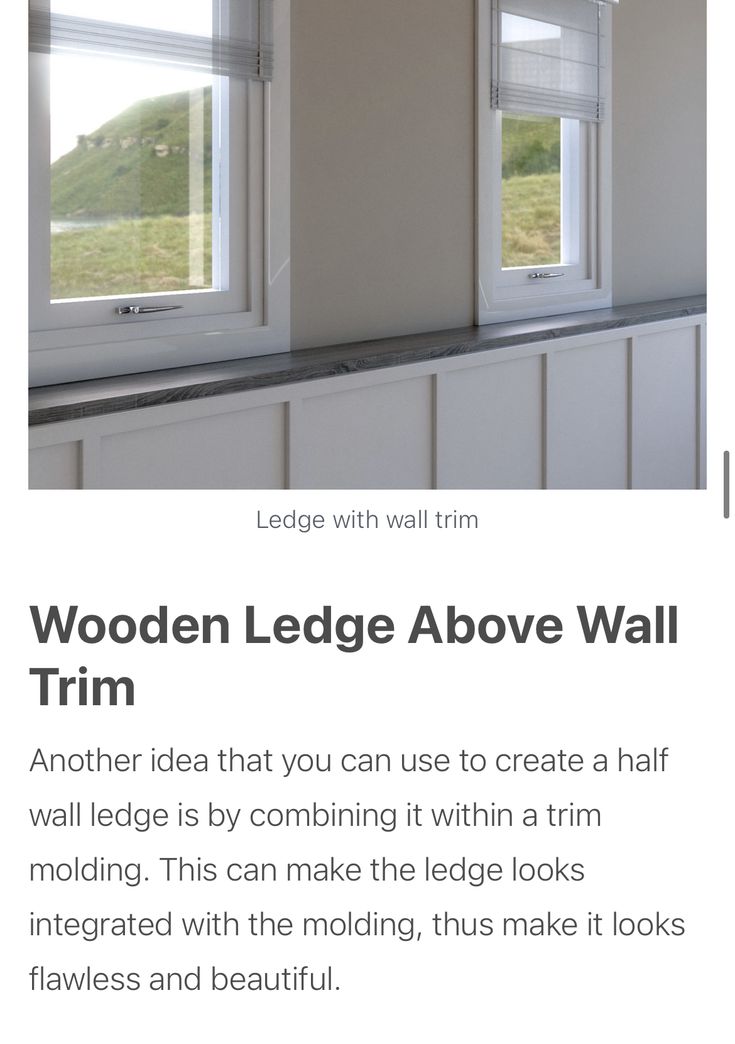 an advertisement for the wooden ledge above wall trim in a kitchen with white cabinets and windows