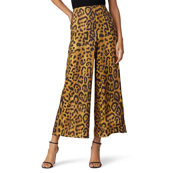 Leopard printed twill (100% Polyester). Pants. Hidden side zipper closure. Hook-and-eye closure. 26" inseam. 13" front rise. Imported. Chic Leopard Print Pants For Work, Chic Leopard Print Workwear Bottoms, Chic Leopard Print Straight Leg Bottoms, Workwear Wide Leg Leopard Print Bottoms, Leopard Print Wide Leg Bottoms For Work, Wide Leg Leopard Print Bottoms For Work, Chic Ankle-length Printed Bottoms, Chic Printed Ankle-length Bottoms, Fall Trousers With Prints