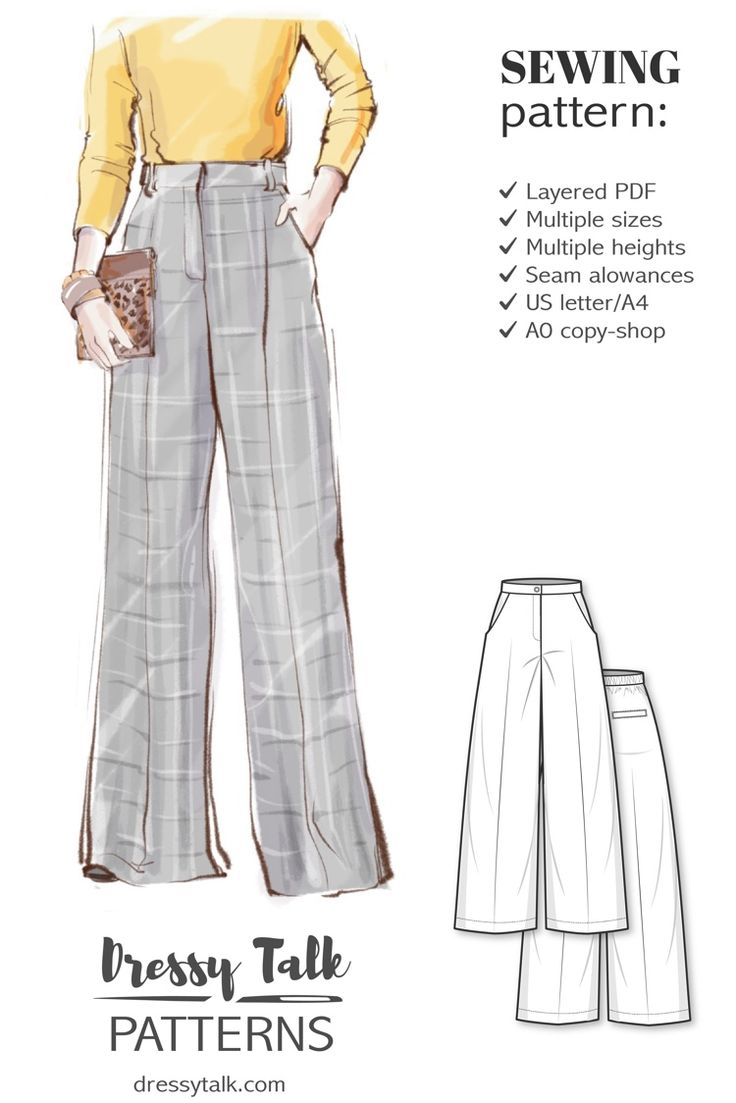 the sewing pattern is shown for this women's wide legged pants with high waist