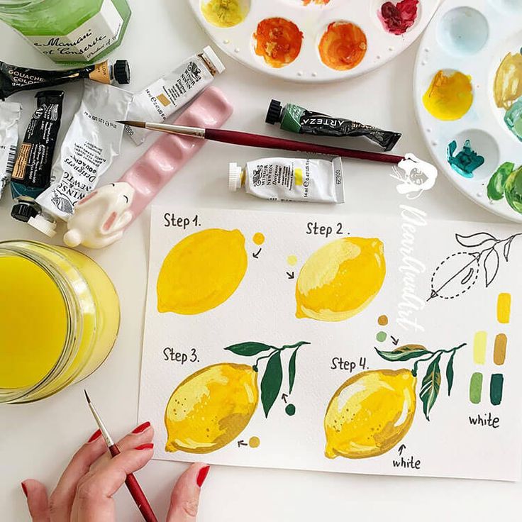 someone is painting lemons on a paper with watercolors and paintbrushes